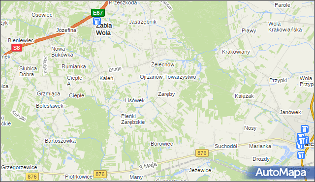 mapa Zaręby gmina Żabia Wola, Zaręby gmina Żabia Wola na mapie Targeo