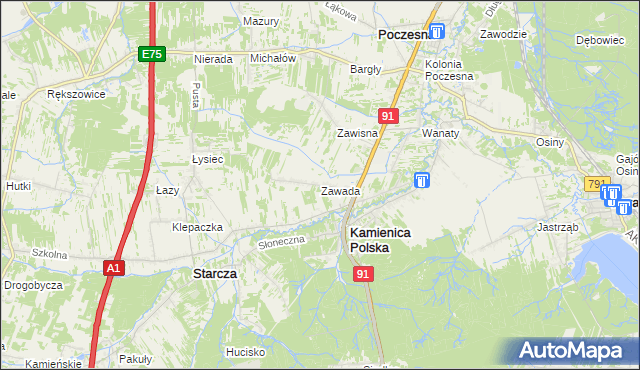 mapa Zawada gmina Kamienica Polska, Zawada gmina Kamienica Polska na mapie Targeo