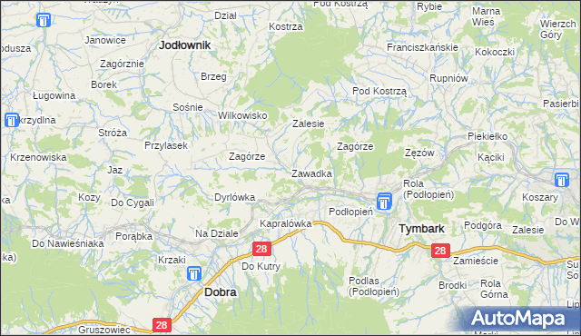 mapa Zawadka gmina Tymbark, Zawadka gmina Tymbark na mapie Targeo