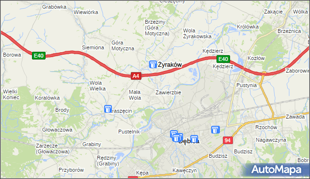 mapa Zawierzbie gmina Żyraków, Zawierzbie gmina Żyraków na mapie Targeo