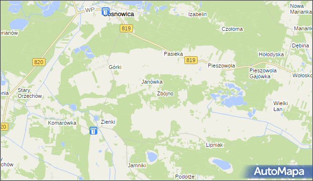 mapa Zbójno gmina Sosnowica, Zbójno gmina Sosnowica na mapie Targeo