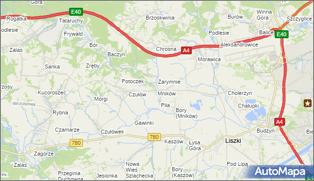 mapa Mników gmina Liszki, Mników gmina Liszki na mapie Targeo