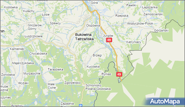 mapa Brzegi gmina Bukowina Tatrzańska, Brzegi gmina Bukowina Tatrzańska na mapie Targeo