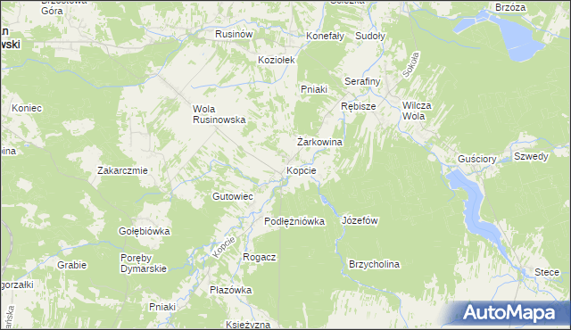 mapa Kopcie gmina Dzikowiec, Kopcie gmina Dzikowiec na mapie Targeo