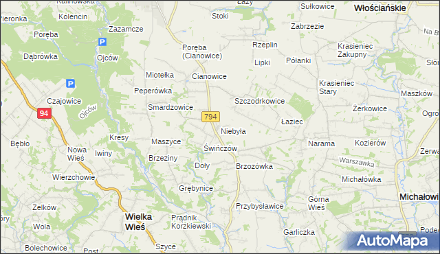 mapa Niebyła gmina Skała, Niebyła gmina Skała na mapie Targeo