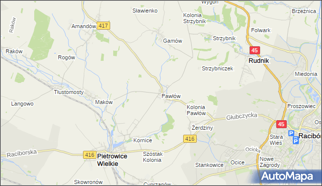 mapa Pawłów gmina Pietrowice Wielkie, Pawłów gmina Pietrowice Wielkie na mapie Targeo