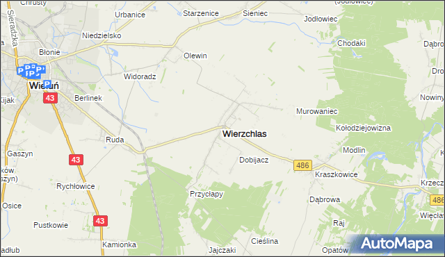 mapa Wierzchlas powiat wieluński, Wierzchlas powiat wieluński na mapie Targeo