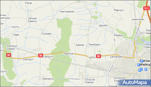 mapa Zalesie gmina Ostrów Wielkopolski, Zalesie gmina Ostrów Wielkopolski na mapie Targeo