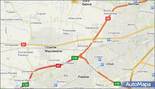 mapa Bronisze gmina Ożarów Mazowiecki, Bronisze gmina Ożarów Mazowiecki na mapie Targeo