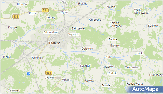 mapa Dzięcioły gmina Tłuszcz, Dzięcioły gmina Tłuszcz na mapie Targeo