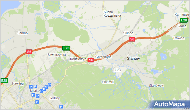 mapa Gorzebądz gmina Sianów, Gorzebądz gmina Sianów na mapie Targeo
