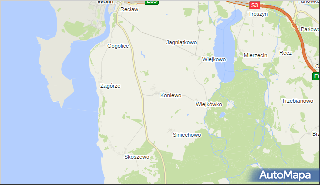 mapa Koniewo gmina Wolin, Koniewo gmina Wolin na mapie Targeo