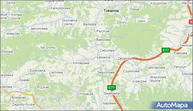 mapa Łętownia gmina Jordanów, Łętownia gmina Jordanów na mapie Targeo