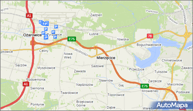 mapa Mierzęcice, Mierzęcice na mapie Targeo