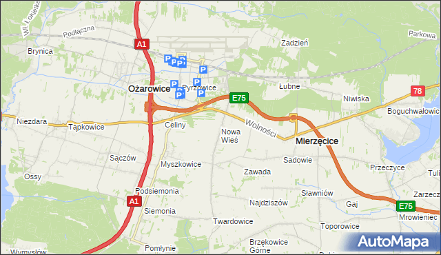 mapa Nowa Wieś gmina Mierzęcice, Nowa Wieś gmina Mierzęcice na mapie Targeo