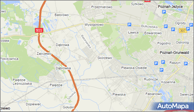 mapa Skórzewo gmina Dopiewo, Skórzewo gmina Dopiewo na mapie Targeo