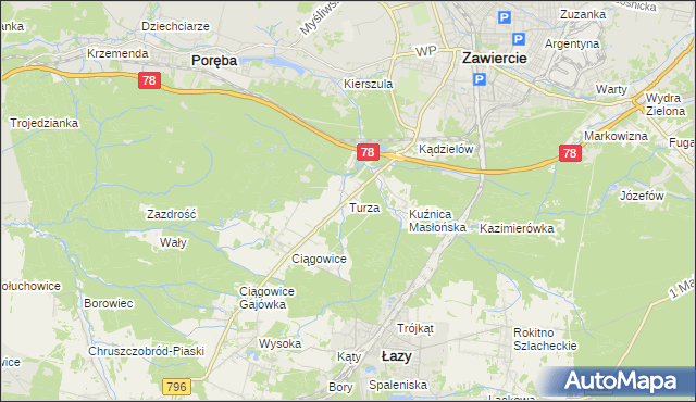 mapa Turza gmina Łazy, Turza gmina Łazy na mapie Targeo