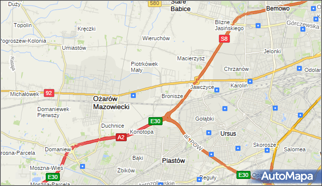 mapa Bronisze gmina Ożarów Mazowiecki, Bronisze gmina Ożarów Mazowiecki na mapie Targeo