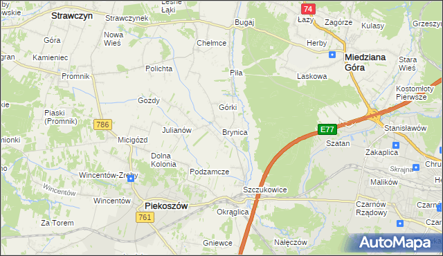 mapa Brynica gmina Piekoszów, Brynica gmina Piekoszów na mapie Targeo