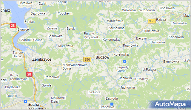 mapa Budzów powiat suski, Budzów powiat suski na mapie Targeo