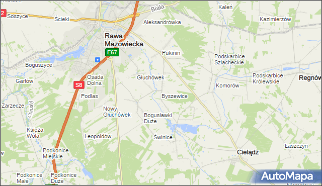 mapa Byszewice gmina Rawa Mazowiecka, Byszewice gmina Rawa Mazowiecka na mapie Targeo