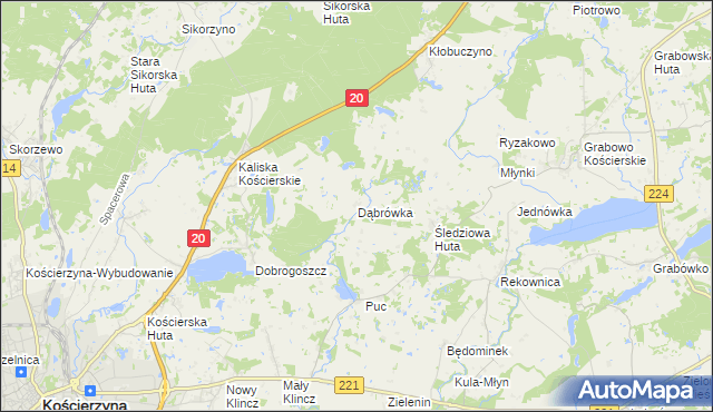 mapa Dąbrówka gmina Kościerzyna, Dąbrówka gmina Kościerzyna na mapie Targeo