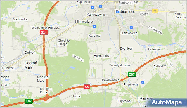 mapa Hermanów gmina Pabianice, Hermanów gmina Pabianice na mapie Targeo