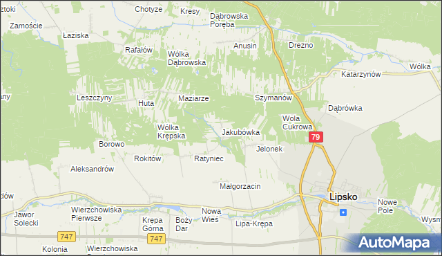 mapa Jakubówka gmina Lipsko, Jakubówka gmina Lipsko na mapie Targeo