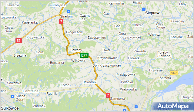 mapa Krzyszkowice gmina Myślenice, Krzyszkowice gmina Myślenice na mapie Targeo