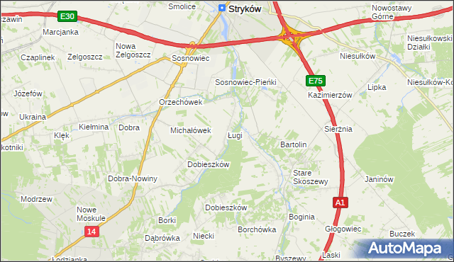 mapa Ługi gmina Stryków, Ługi gmina Stryków na mapie Targeo