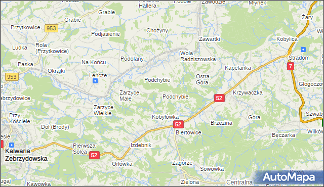 mapa Podchybie gmina Lanckorona, Podchybie gmina Lanckorona na mapie Targeo
