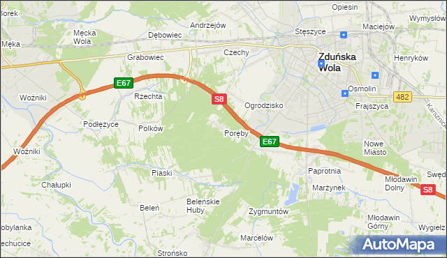 mapa Poręby gmina Zduńska Wola, Poręby gmina Zduńska Wola na mapie Targeo