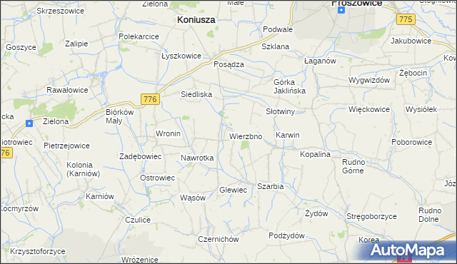mapa Wierzbno gmina Koniusza, Wierzbno gmina Koniusza na mapie Targeo