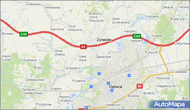 mapa Zawierzbie gmina Żyraków, Zawierzbie gmina Żyraków na mapie Targeo