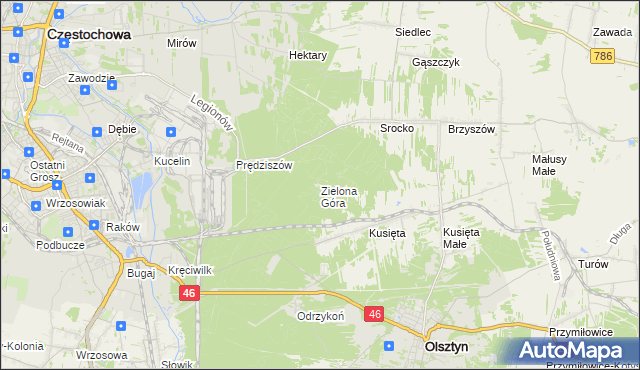mapa Zielona Góra gmina Olsztyn, Zielona Góra gmina Olsztyn na mapie Targeo