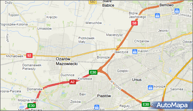 mapa Bronisze gmina Ożarów Mazowiecki, Bronisze gmina Ożarów Mazowiecki na mapie Targeo