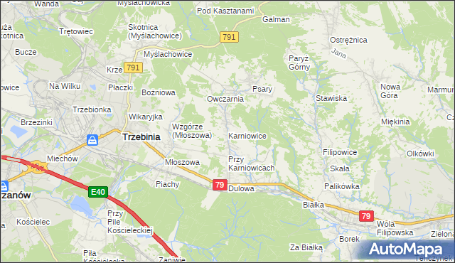 mapa Karniowice gmina Trzebinia, Karniowice gmina Trzebinia na mapie Targeo