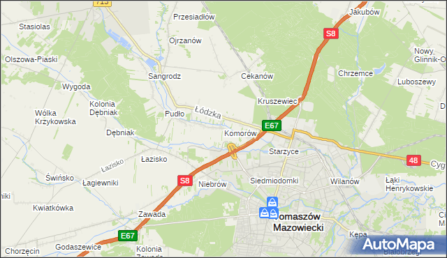 mapa Komorów gmina Tomaszów Mazowiecki, Komorów gmina Tomaszów Mazowiecki na mapie Targeo