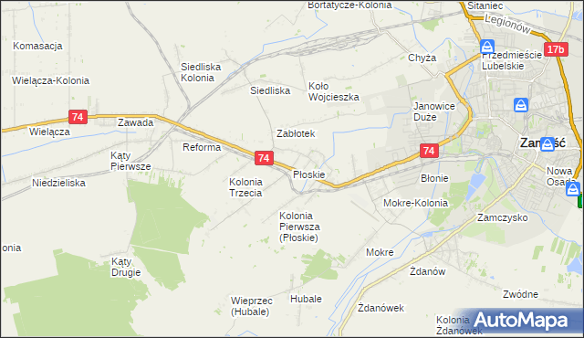 mapa Płoskie gmina Zamość, Płoskie gmina Zamość na mapie Targeo