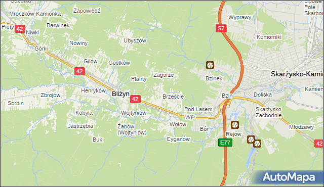 mapa Brzeście gmina Bliżyn, Brzeście gmina Bliżyn na mapie Targeo