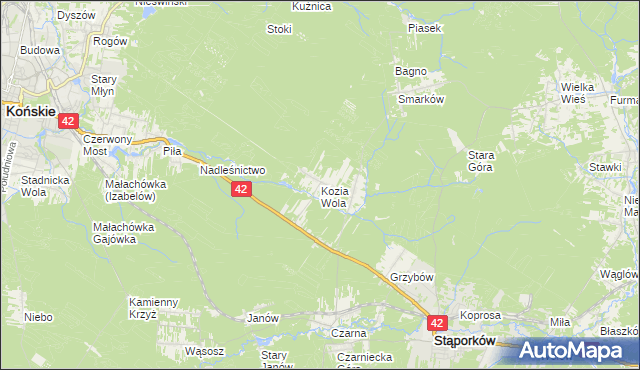 mapa Kozia Wola gmina Stąporków, Kozia Wola gmina Stąporków na mapie Targeo