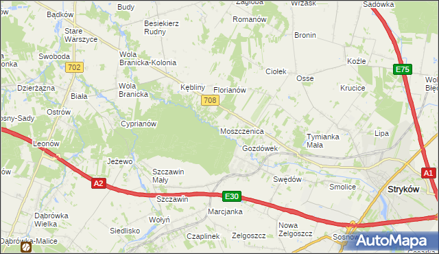 mapa Moszczenica gmina Zgierz, Moszczenica gmina Zgierz na mapie Targeo