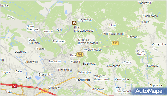 mapa Myślachowice, Myślachowice na mapie Targeo