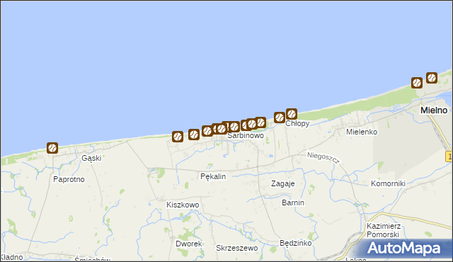 mapa Sarbinowo gmina Mielno, Sarbinowo gmina Mielno na mapie Targeo