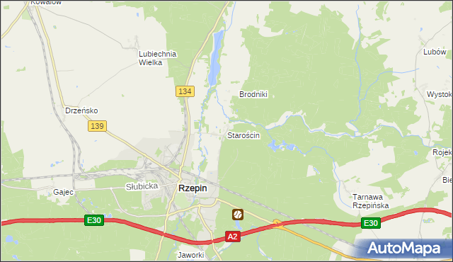 mapa Starościn gmina Rzepin, Starościn gmina Rzepin na mapie Targeo