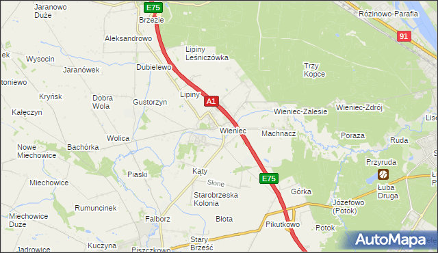 mapa Wieniec gmina Brześć Kujawski, Wieniec gmina Brześć Kujawski na mapie Targeo