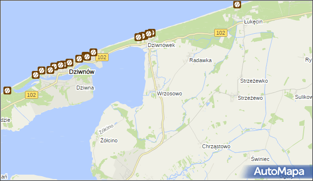 mapa Wrzosowo gmina Kamień Pomorski, Wrzosowo gmina Kamień Pomorski na mapie Targeo