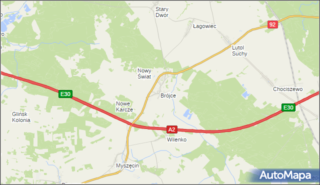 mapa Brójce gmina Trzciel, Brójce gmina Trzciel na mapie Targeo