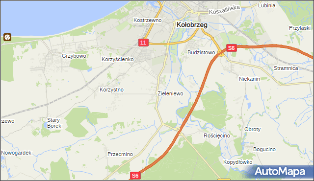 mapa Zieleniewo gmina Kołobrzeg, Zieleniewo gmina Kołobrzeg na mapie Targeo