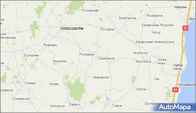 mapa Gawłowice gmina Goszczanów, Gawłowice gmina Goszczanów na mapie Targeo